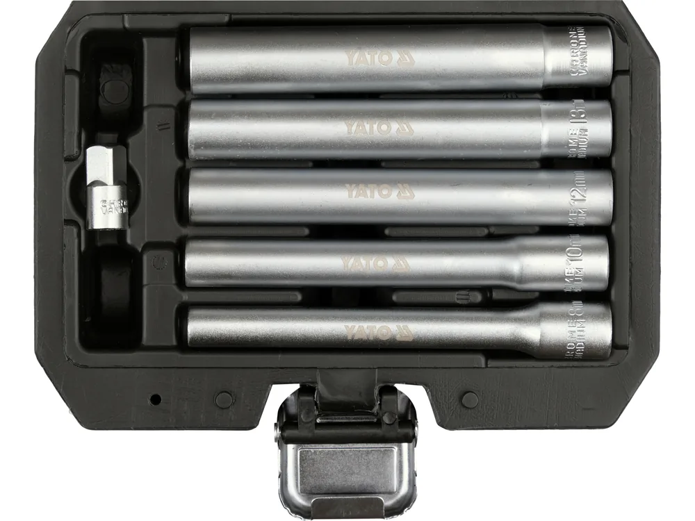 Головки торцеві YATO дуже довгі, з квадратами 1/4" і 3/8", М= 8, 10, 12, 13, 14 мм, L= 120 мм, 6 еле