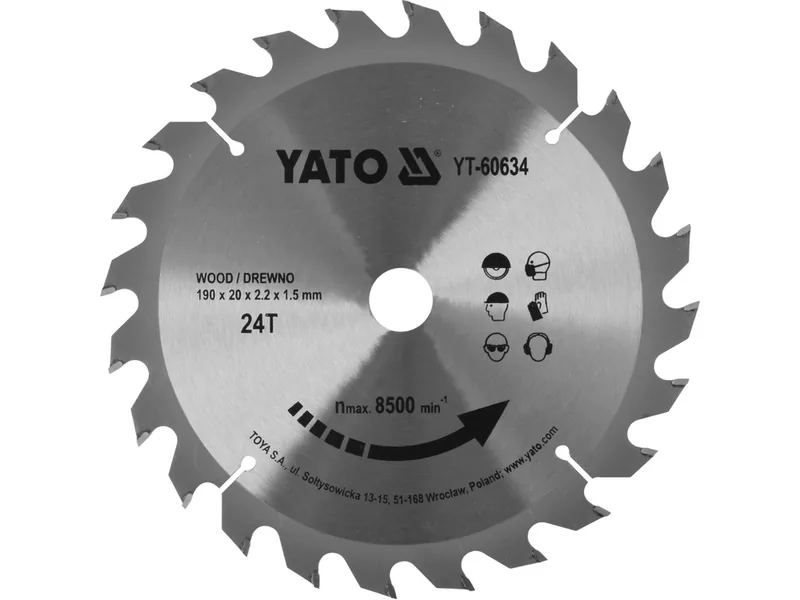 Диск пиляльний победітовий по дереву YATO: 190х20x2.2x1.5 мм, 24 зубці, R.P.M. до 7100 1/хв